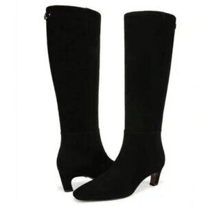 8 Black Suede Knee High Boot Curved Heel Full Zip Leather Square Toe Molly Wide